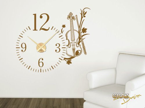Wandtattoo Uhr mit Uhrwerk Wanduhr Wohnzimmer Musik Geige Blumen Zahlen (Uhr Gold//070 schwarz) - 2