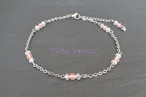 Fine stainless steel anklet / ankle bracelet, pink coral jade and faceted swarovski crystal