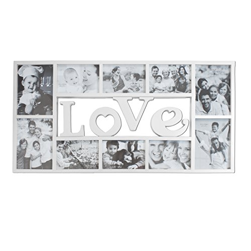 Smartfox Bilderrahmen Fotorahmen Collage für 10 Bilder im Format 6 Fotos 10x15 cm und 4 Fotos 13x18 cm in Weiß Motiv: Love