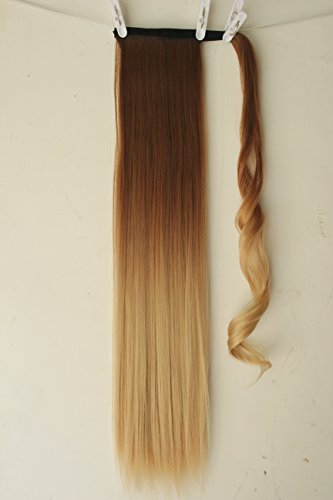 22" Clip in hair extensions Wrap Around Ponytail Long Straight Ombre Dip dye (Light brown to sandy blonde)