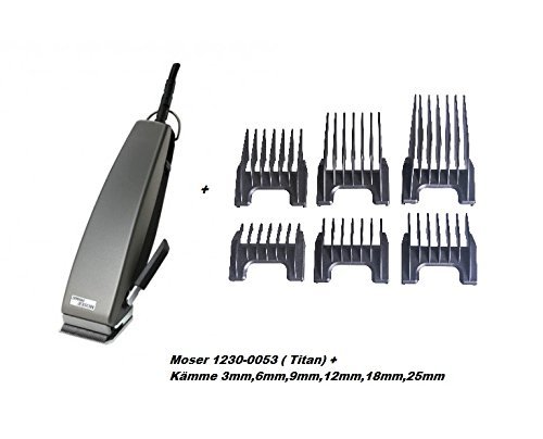 Moser Profiline Haarschneider Primat, TITAN, + 6 EXTRA Kunststoff-Aufsteckkämme (1881-7170) von 3mm - 25mm.