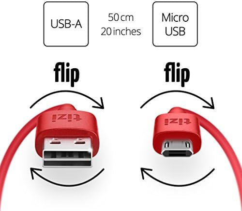 NEW equinux tizi flip – Micro USB (50cm, red) Data and charging cable with double-sided reversible connectors. Micro USB and USB-A connectors are both reversible. Cable with a dual-sided Micro USB connector.