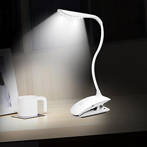 PD World Desk Lamp [Stand &amp; Clip on] LED Dimmable Touch Eye-Care Flexible Gooseneck Bed Lights for Kids Reading with USB Charge-White