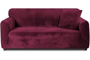 Teynewer Thick Velvet Sofa Covers 1 2 3 4 Seater High Stretch Non-Slip Couch Cover Elastic Furniture Protector Plush Sofa Slipcovers with 1 pillowcase for Living Room Dogs Cat Pet (3 Seater, Red)