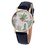 Souarts Damen Einfach Design Kunstleder Kaktus Armbanduhr Quartzuhr Analog mit Batterie Schwarz