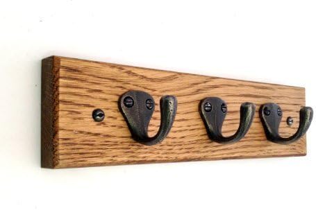 FOWLERS - HANDMADE - Solid Oak CLASSIC Dog Lead Holder/Key ring rack 3 cast iron NATURAL POLISHED finish Hooks