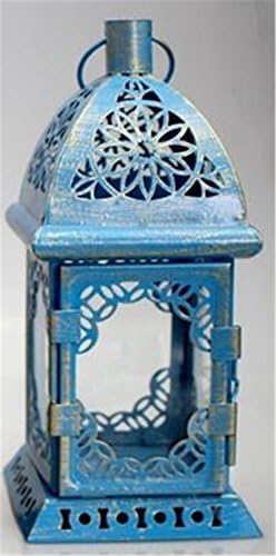 YANFEI Candlestick European Style Retro Personality Iron Hollow Cage Candle Holder Mobile Glass Lantern Creative Handicrafts Home Decorations , blue