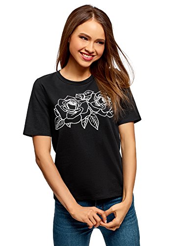 oodji Ultra Femme T-Shirt Imprimé en Coton, Noir, FR 40 / M