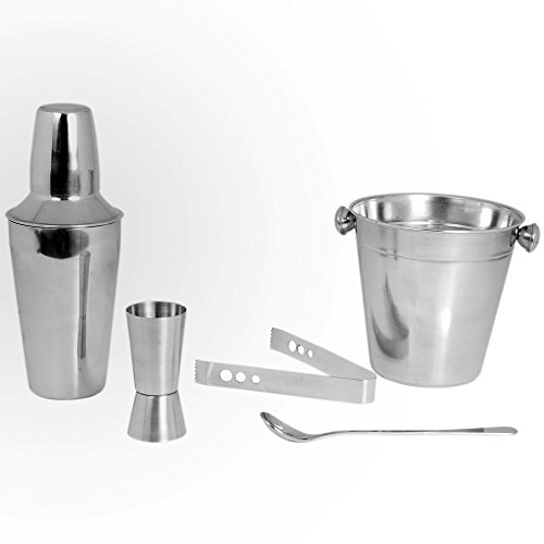 Kosma Cocktail Set aus 5 Stück Edelstahl Barware-Kit Bar Werkzeuge Set (Set Includes: Cocktail Shaker Regular 500ml, Peg Measurer 30x60ml, Ice Tong 5.5 ", Eimer 12 x 13cm, Bar Löffel)