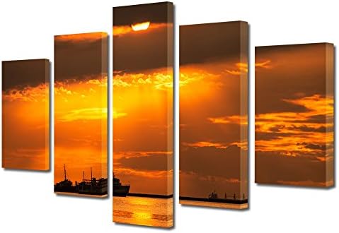 HEARTWORK Print on Canvas 5 Panels Big ships, M Size, 80 x 150 cm (32 x 59 inch), Stretched on Wooden Frame and Ready to Hang Decorative Home Art, HD Quality Picture, Modern Canvas Print, For Home &amp; Office