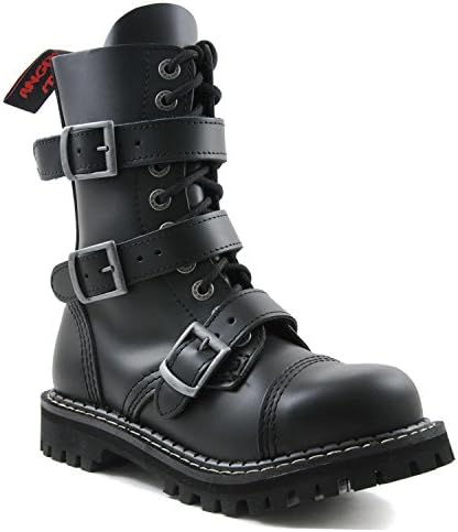 Angry Itch 10-Hole Gothic Punk Black Leather Army 3-Buckle Ranger Boots with Zipper &amp; steeltoe - UK Sizes 3-13- Made in EU!, EU-Size:EU-46