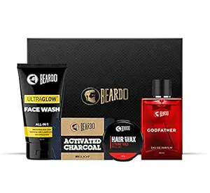 Beardo Ultimate Personal Care with Perfume and Gift Box (Godfather Perfume,Ultraglow Facewash,Charcoal Soap,Strong Hold Hair Wax)