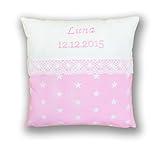 Amilian Kissen 40 x 40 cm mit Namen Datum Sternchen Weiß auf Rosa