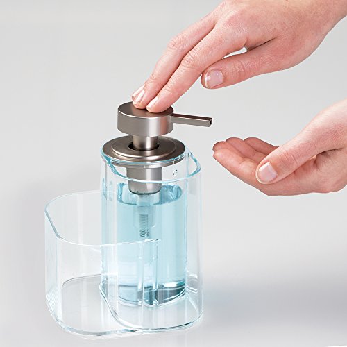 mDesign Seifenspender wiederbefüllbar – Pumpseifenspender mit Halter für Schwamm, Tropfkratzer und Spülbürste – durchsichtig/gebürstet - 3