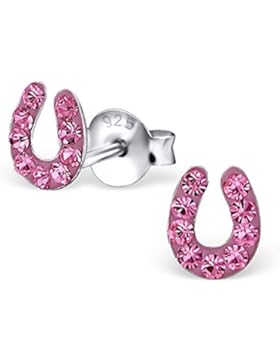 GH1a Pink Kristall Hufeisen Ohrstecker 925 Echt Silber Ohrringe Glücksbringer