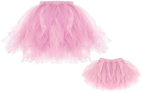 Mainaisi Baby Girl's and Mom Tutu Skirt Solid Color Layered Ruffle Tulle Ballet Dance Pettiskirt (Pink /Baby+Mom)