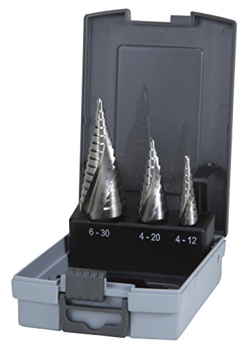 RUKOHSS Spiral Fluted Step Drill Bit Set in Plastic Case, Bright Finish, 3 Pieces, 101026RO
