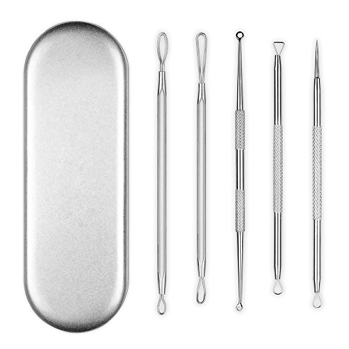 Auxent Mitesserentferner Nagelhautschieber Komedonenquetscher Set aus Edelstahl in 5 Stücke, Rostfrei, Silber