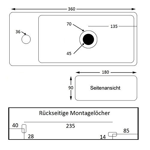 NEG Waschbecken Uno41H (extra klein/eckig/Armatur links) Hänge-Waschschale/Waschtisch (weiß) mit hohem Rand und Nano-Beschichtung - 5
