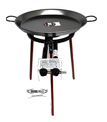 Paella Cooking Set with 46cm Polished Steel Paella Pan, Gas Burner, Legs and Skimming Spoon