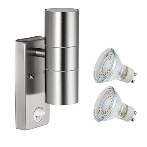 SEBSON® Aussenleuchte mit Bewegungsmelder, Wandleuchte, Edelstahl, up down, inkl. 2x GU10 LED Lampe 4W (3,5W) kaltweiß
