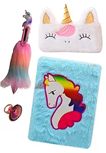 Le Delite Unicorn Fur Diary with Pen /Cute Unicorn Fur Notebook Diary for Girls Birthday Party Unicorn Plush Diary with Pen/Feather Diary for Girls/ Fur Pen 6in1 (Diary with Pen , Pouch and led Ring)