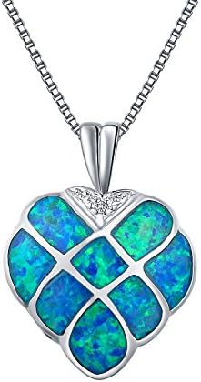 Ladies Opal Heart Pendant Necklace White Gold Plated Jewellery Curb Chain on 46 cm/18 inch,Best Gift for Women Girls Birthday Christmas Mother's Day Evening Party