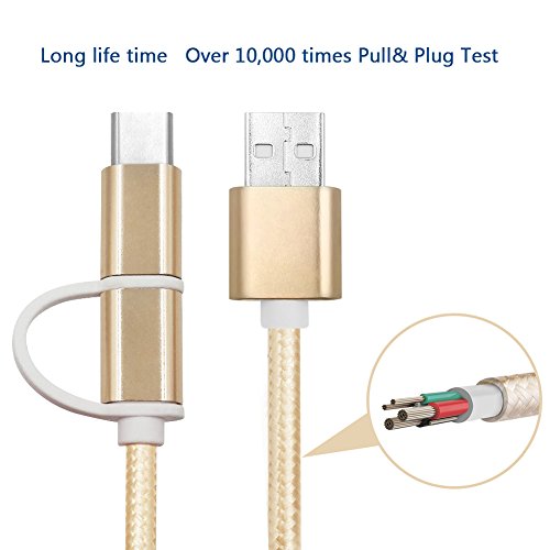 2 in 1 Ladekabel, 1.2m kabel Nylon umflochtenes Micro auf Type C USB Ladegerät für Samsung S5 S6 S7 Und the new MacBook, ChromeBook Pixel, Nexus 5X, Nexus 6P, Nokia N1 Tablet, OnePlus 2 und andere USB-C-Geräte(Gold) - 3