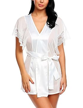 ADOME Satin Morgenmantel Kimono Spitze Reizwäsche Satin Damen Kleid Gown Kurz mit G-String Bikini Cover Up Spitze...