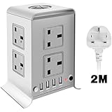 Extension Lead, Tower Power Strip with Surge Protector Overload Protection Vertical Smart USB Socket Electric Sockets with 8 Way Outlets 4 USB Ports 2M Extension Cord (White)