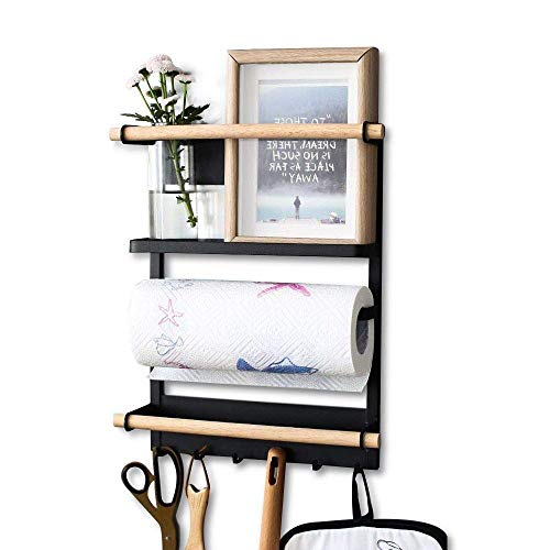 XINGDOZ Kühlschrank Regal Magnet Gewürzregal Papierhandtuchhalter-Spender Küchen Organizer Veranstalter Mehrzweckablage mit Haken, Schwarz (M)