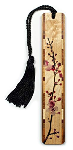 MitercraftCherry Blossom Branch in Color Wooden Hand Made Bookmark on Maple with Black Tassel