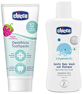 Chicco Toothpaste, Strawberry Flavour For 12M+ Baby, Fluoride Free, Preservative Free (50 Ml)&Baby Moments Gentle Body Wash And Shampoo For Soft Skin And Hair, Dermatologically Tested, Pa