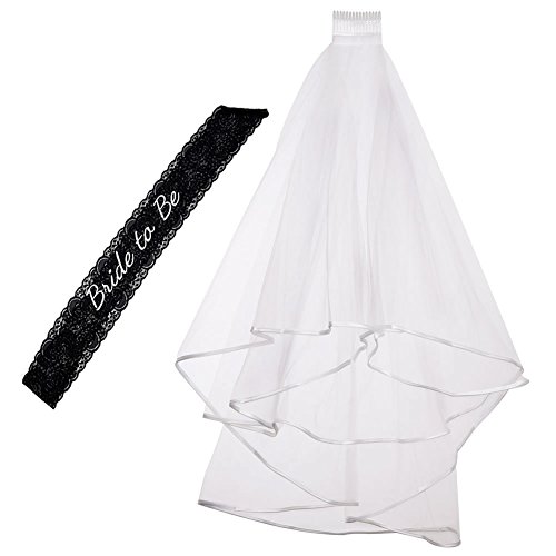 Veewon 2 x Braut zum Schärpe schwarze Spitze Schärpe gestickte Schärpe und Braut Hochzeit Schleier mit Kamm Hochzeit und Bachelorette Party Zubehör Kit