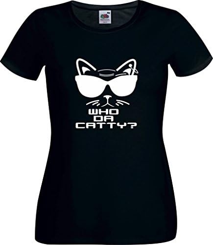 Funny Cool Dude Holiday Summer Festival Cool Cat Lovers Who Da Catty FOTL Womans Ladyfit Black T-Shirt - Size M