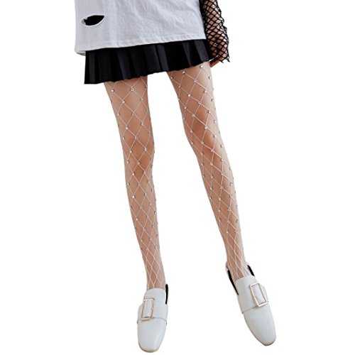 Preisvergleich Produktbild Netzstrumpfhose CLOOM Frauen Fishnet Strumpfhosen große Strümpfe Elastische Hight Strumpfhosen Hollow Out Socken Big Cross Leggins Damen halterlose mit Dekor (Weiß, ONE SIZE)