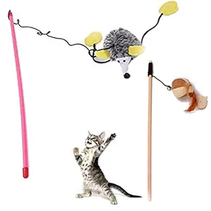 PSK PET MART Cat Teaser 2 Playing Stick - |Feather Sound Hedgehog Stick | Wooden Jute Mice Stick Cat Teasing Stick Kitten Toys (Combo of 2)