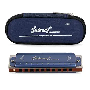 JUAREZ BlackBird JRH10BK Diatonic Professional Blues Harmonica Key of C Scale | 10 Holes 20 Tones | Mouth Organ | Cover - Brass | Comb - ABS | Reed - Phosphor Bronze with Cloth & Case Blue