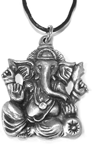 Pewter Ganesh Hindu Elephant God Pendant Necklace in a Lemon Burlap Pouch
