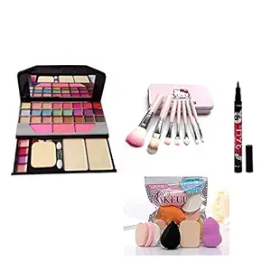 Womens & Girls KTABRIZ TYA Fashion 6155 Multicolour Makeup Kit and 7 Pink Makeup Brushes Set, 6 Sponges Pack and 1 36H Waterproof Liquid Eyeliner - (Pack of 15)