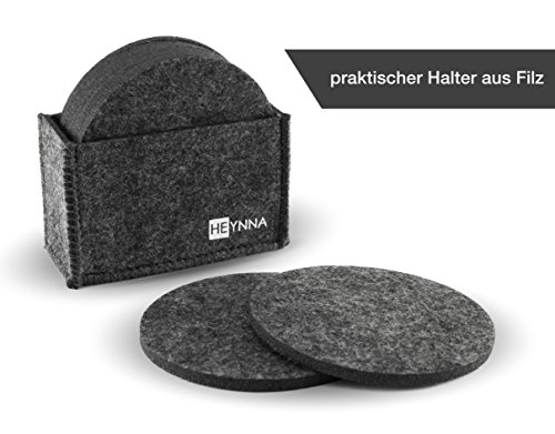 HEYNNA Glasuntersetzer Set Filz / 8 runde Untersetzer mit praktischer Halterung – Premium Tischuntersetzer für Tassen, Gläser und Flaschen / Farbe dunkelgrau - 4