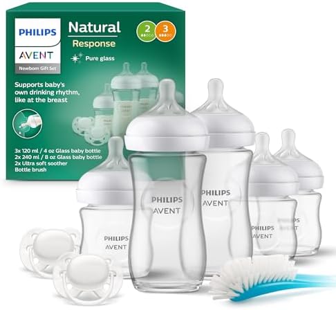 Philips Avent Natural Response set regalo in vetro con 3 biberon da 120 ml e 2 da 240 ml, 2 ciucci Philips Avent ultra soft 0-6 mesi, spazzola per biberon, senza BPA (modello SCD879/11)