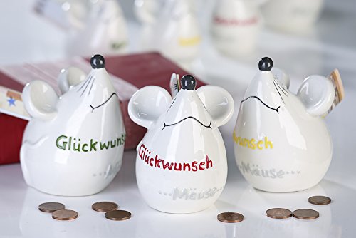 1 x Spardose Glückwunsch-Mäuse Porzellan weiß glasiert gelb/rot oder grün m Gummistopfen, Geschenk, Maus