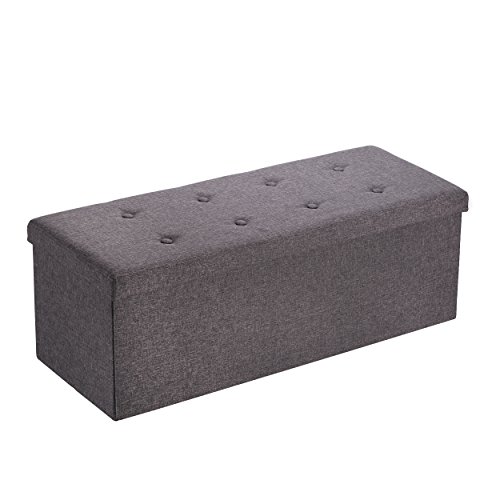 Mari Home Banco de Almacenaje Puff - Taburete Imitación Lino y Caja para Zapatos, Ropa de Cama, Juguetes - Dormitorio, Salón - Mesa Sofá Reposapiés - Cap. 300 kg - 110x38x38 cm - Gris Oscuro