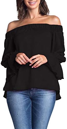 ACHIOOWA Sexy Women's Off Shoulder Tops Long Sleeve T Shirts Tunic Swing Boat Neck Casual Loose Blouses