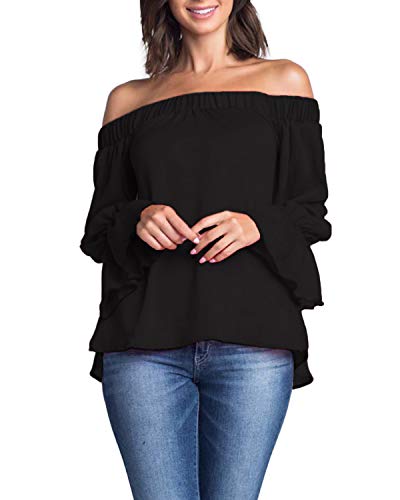 ACHIOOWA Sexy Women's Off Shoulder Tops Long Sleeve T Shirts Tunic Swing Boat Neck Casual Loose Blouses