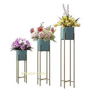 Weston Crafts Plant Stand Set - 3-Piece Modern G I Planter with Tall Metal Stand - Decorative Standing Flower Succulent Pot Holder, Indoor Outdoor