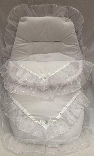 Broderie Anglaise Beautiful Frilly Footmuff/ Cosy Toes Sparkling White
