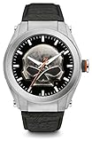 Harley Davidson Heavy Metal Skull Zifferblatt Dickes Gehäuse aus schwarzem Lederarmband 76A156