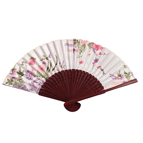 sourcingmap® Holzrahmen Blumenmuster Party Tanz Stoff Handfächer Haube Weiß